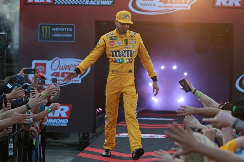 RICHMOND, VA - APRIL 13:  Kyle Busch, driver of the #18 M&M's Toyota, participates in pre-race ceremonies for the Monster Energy NASCAR Cup Series Toyota Owners 400 at Richmond Raceway on April 13, 2019 in Richmond, Virginia.  (Photo by Matt Sullivan/Getty Images) | Getty Images