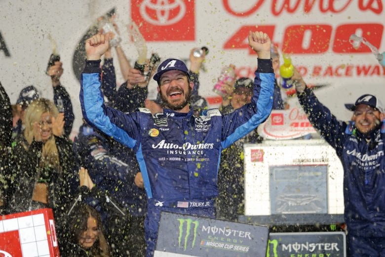 RICHMOND, VA - APRIL 13: Martin Truex Jr, driver of the #19 Auto Owners Insurance Toyota, celebrates in Victory Lane after winning the Monster Energy NASCAR Cup Series Toyota Owners 400 at Richmond Raceway on April 13, 2019 in Richmond, Virginia. (Photo by Donald Page/Getty Images) | Getty Images