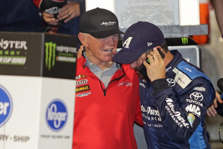 RICHMOND, VA - APRIL 13: Martin Truex Jr, driver of the #19 Auto Owners Insurance Toyota, talks with team owner Joe Gibbs in Victory Lane after winning the Monster Energy NASCAR Cup Series Toyota Owners 400 at Richmond Raceway on April 13, 2019 in Richmond, Virginia. (Photo by Donald Page/Getty Images) | Getty Images