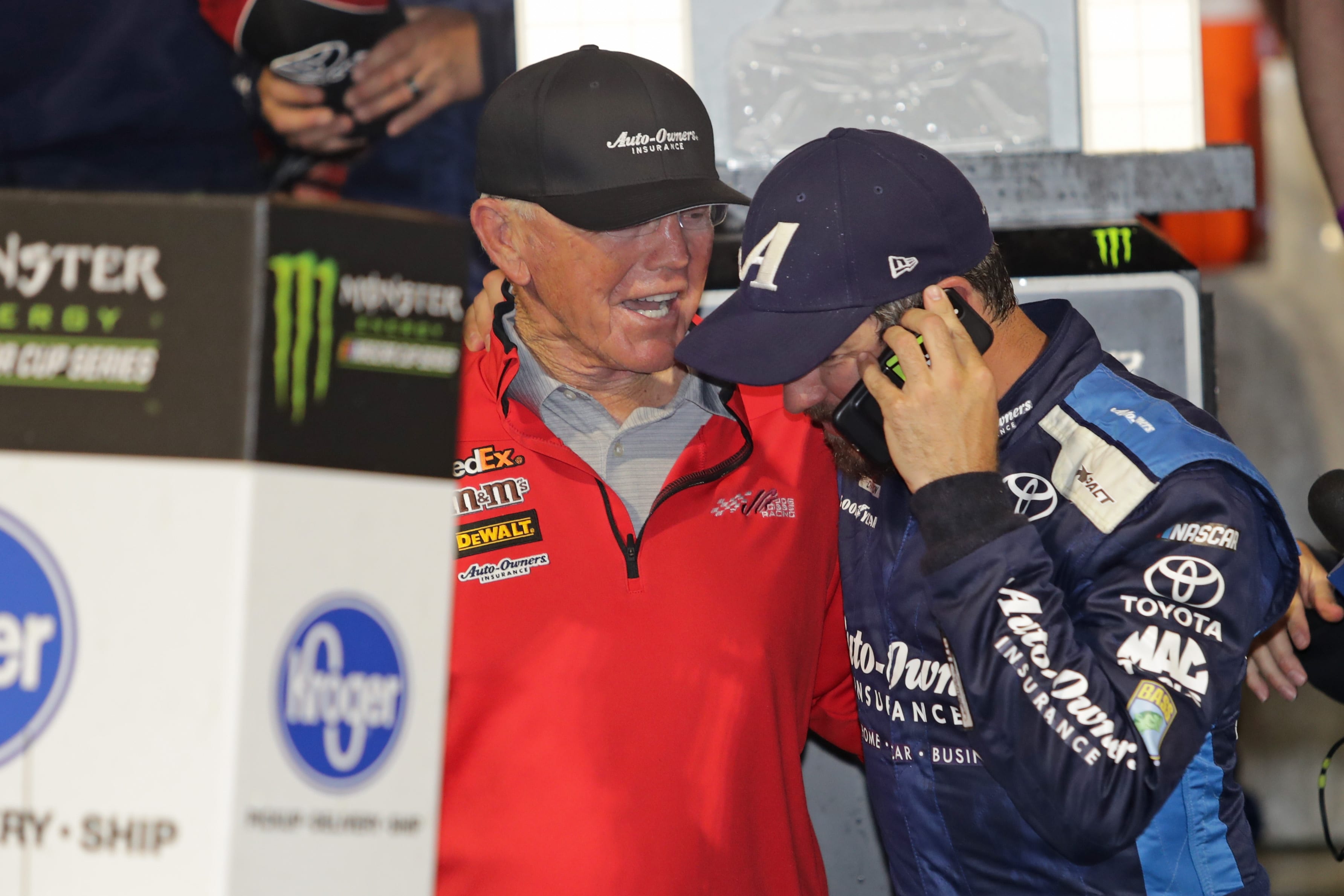 RICHMOND, VA - APRIL 13:  Martin Truex Jr, driver of the #19 Auto Owners Insurance Toyota, talks with team owner Joe Gibbs in Victory Lane after winning the Monster Energy NASCAR Cup Series Toyota Owners 400 at Richmond Raceway on April 13, 2019 in Richmond, Virginia.  (Photo by Donald Page/Getty Images) | Getty Images