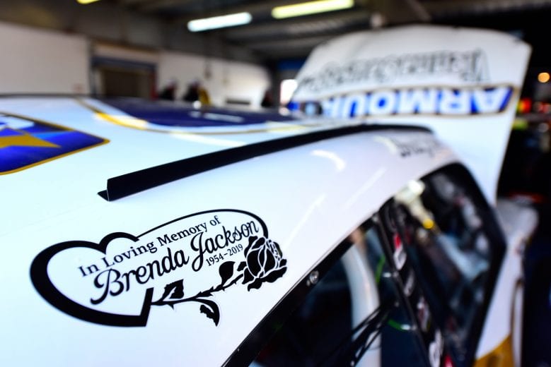 TALLADEGA, AL - APRIL 26: Drivers pay tribute to Brenda Jackson, mother of Dale Earnhardt Jr. and Kelley Earnhardt Miller, on their cars during practice for the NASCAR Xfinity Series MoneyLion 300 at Talladega Superspeedway on April 26, 2019 in Talladega, Alabama. Jackson passed away at the age of 65 following her battle with cancer. (Photo by Jared C. Tilton/Getty Images) | Getty Images