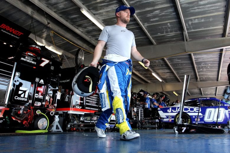 TALLADEGA, AL - APRIL 26: Justin Allgaier, driver of the #7 Hellmann's/Fight Hunger Spark Change Chevrolet, walks through the garage during practice for the NASCAR Xfinity Series MoneyLion 300 at Talladega Superspeedway on April 26, 2019 in Talladega, Alabama. (Photo by Sean Gardner/Getty Images) | Getty Images