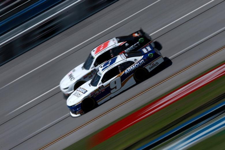 TALLADEGA, AL - APRIL 26: Noah Gragson, driver of the #9 ARMOUR Vienna Sausage Chevrolet, and Brett Moffitt, driver of the #8 ISM Connect Chevrolet, practice for the NASCAR Xfinity Series MoneyLion 300 at Talladega Superspeedway on April 26, 2019 in Talladega, Alabama. (Photo by Sean Gardner/Getty Images) | Getty Images