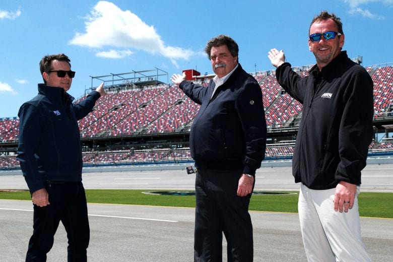 TALLADEGA, AL - APRIL 26: Jeff Gordon, Mike Helton and Mike Joys point to the construction fo the new control tower at Talladega Superspeedway on April 26, 2019 in Talladega, Alabama. (Photo by Sean Gardner/Getty Images) | Getty Images