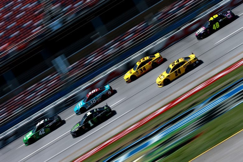 TALLADEGA, AL - APRIL 26: Kyle Larson, driver of the #42 Clover Chevrolet, leads a group of cars during practice for the Monster Energy NASCAR Cup Series GEICO 500 at Talladega Superspeedway on April 26, 2019 in Talladega, Alabama. (Photo by Sean Gardner/Getty Images) | Getty Images