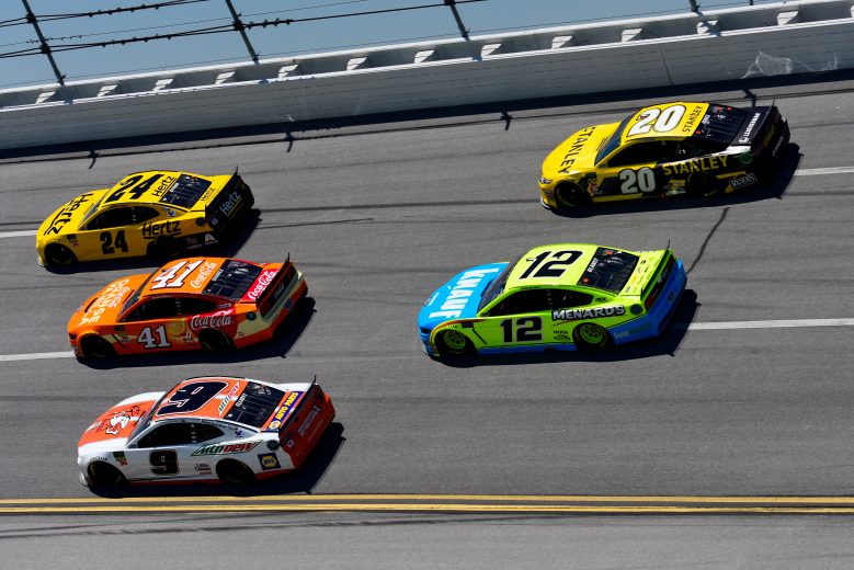 TALLADEGA, AL - APRIL 26: Chase Elliott, driver of the #9 Mountain Dew/Little Caesar's Chevrolet, Daniel Suarez, driver of the #41 Coca-Cola Orange Vanilla Ford, and William Byron, driver of the #24 Hertz Chevrolet, lead Ryan Blaney, driver of the #12 Menards/Knauf Ford, and Erik Jones, driver of the #20 STANLEY Toyota, during practice for the Monster Energy NASCAR Cup Series GEICO 500 at Talladega Superspeedway on April 26, 2019 in Talladega, Alabama. (Photo by Jared C. Tilton/Getty Images) | Getty Images