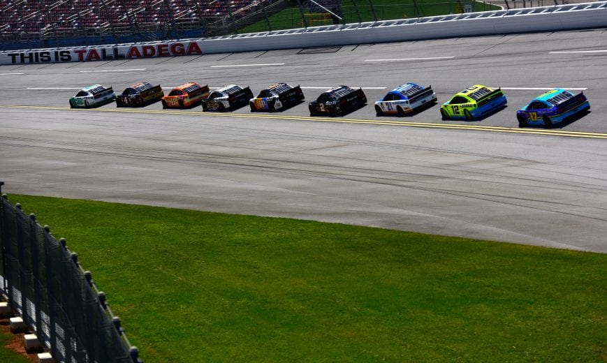 TALLADEGA, AL - APRIL 26: Joey Logano, driver of the #22 MoneyLion Ford, leads a pack of cars during practice for the Monster Energy NASCAR Cup Series GEICO 500 at Talladega Superspeedway on April 26, 2019 in Talladega, Alabama. (Photo by Jared C. Tilton/Getty Images) | Getty Images
