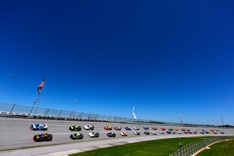 TALLADEGA, AL - APRIL 27: Michael Annett, driver of the #1 TMC Transportation Chevrolet, and Tyler Reddick, driver of the #2 Roland Chevrolet, lead the field prior to the start of the NASCAR Xfinity Series MoneyLion 300 at Talladega Superspeedway on April 27, 2019 in Talladega, Alabama. (Photo by Jared C. Tilton/Getty Images) | Getty Images