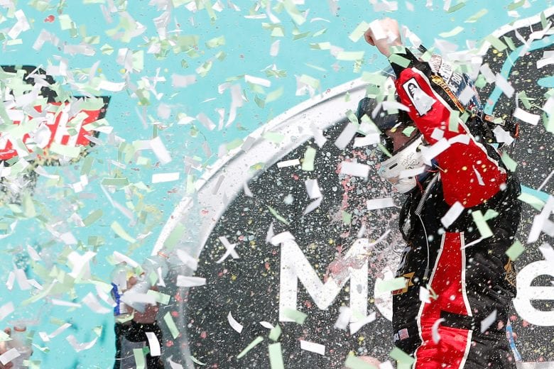 TALLADEGA, AL - APRIL 27: Tyler Reddick, driver of the #2 Roland Chevrolet, celebrates in Victory Lane after winning the NASCAR Xfinity Series MoneyLion 300 at Talladega Superspeedway on April 27, 2019 in Talladega, Alabama. (Photo by Brian Lawdermilk/Getty Images) | Getty Images