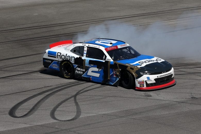 TALLADEGA, AL - APRIL 27: Tyler Reddick, driver of the #2 Roland Chevrolet, celebrates with a burnout after winning the NASCAR Xfinity Series MoneyLion 300 at Talladega Superspeedway on April 27, 2019 in Talladega, Alabama. (Photo by Sean Gardner/Getty Images) | Getty Images