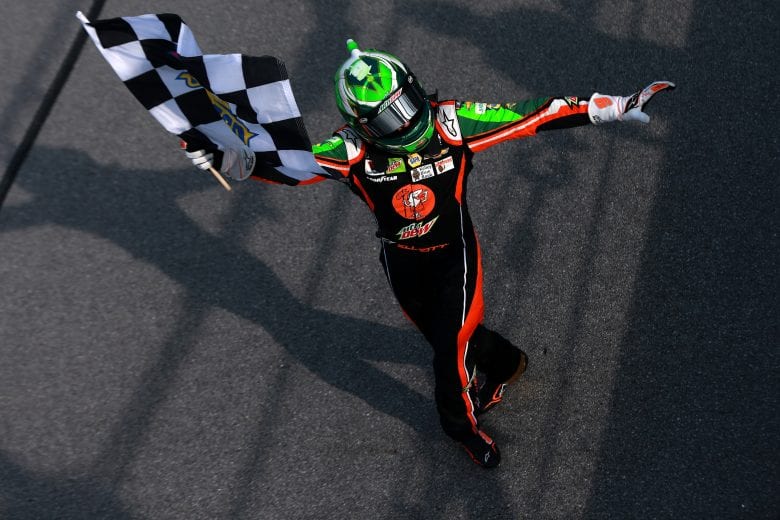 TALLADEGA, AL - APRIL 28: Chase Elliott, driver of the #9 Mountain Dew/Little Caesar's Chevrolet, waves the checkered flag afrer winning the Monster Energy NASCAR Cup Series GEICO 500 at Talladega Superspeedway on April 28, 2019 in Talladega, Alabama. (Photo by Sean Gardner/Getty Images) | Getty Images