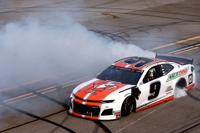 TALLADEGA, AL - APRIL 28: Chase Elliott, driver of the #9 Mountain Dew/Little Caesar's Chevrolet, does a burn out after winning the the Monster Energy NASCAR Cup Series GEICO 500 at Talladega Superspeedway on April 28, 2019 in Talladega, Alabama. (Photo by Sean Gardner/Getty Images) | Getty Images