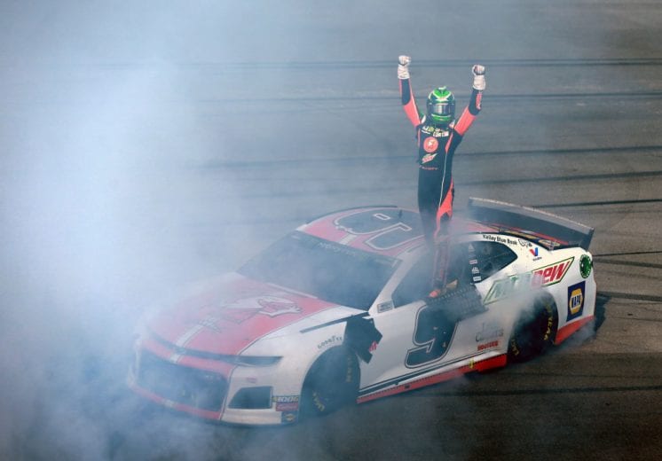 TALLADEGA, AL - APRIL 28: Chase Elliott, driver of the #9 Mountain Dew/Little Caesar's Chevrolet, celebrates after winning the Monster Energy NASCAR Cup Series GEICO 500 at Talladega Superspeedway on April 28, 2019 in Talladega, Alabama. (Photo by Sean Gardner/Getty Images) | Getty Images