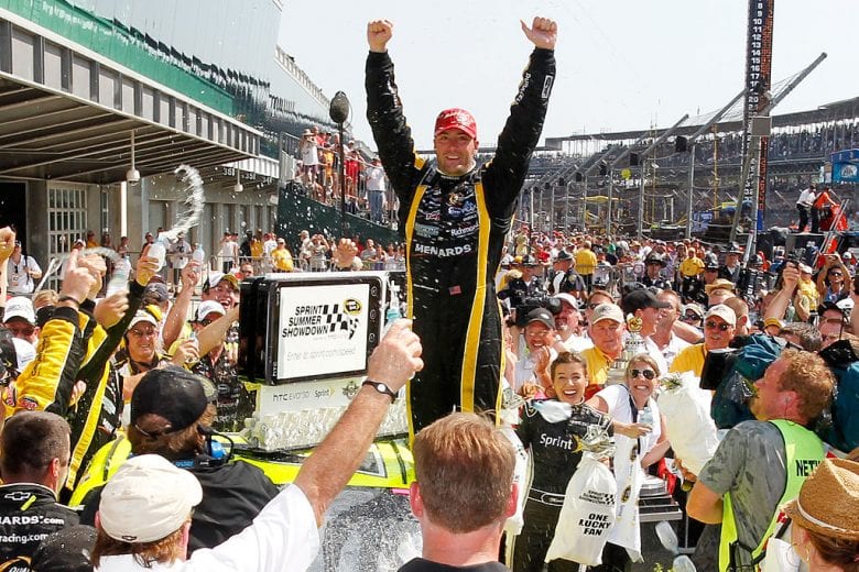 INDIANAPOLIS, IN - JULY 31: Paul Menard, driver of the #27 NIBCO/Menards Chevrolet, celebrates in Victory Lane after winning the NASCAR Sprint Cup Series Brickyard 400 at Indianapolis Motor Speedway on July 31, 2011 in Indianapolis, Indiana. (Photo by Geoff Burke/Getty Images for NASCAR) | Getty Images