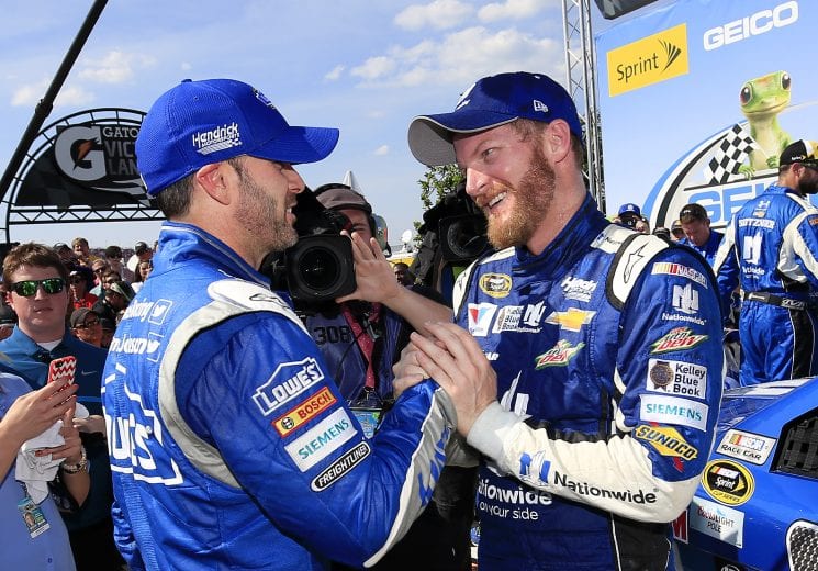 TALLADEGA, AL - MAY 03: Dale Earnhardt Jr. (R), driver of the #88 Nationwide Chevrolet, celebrates in victory lane after winning with Jimmie Johnson, driver of the #48 Lowe's Chevrolet, after winning the NASCAR Sprint Cup Series GEICO 500 at Talladega Superspeedway on May 3, 2015 in Talladega, Alabama. (Photo by Chris Trotman/NASCAR via Getty Images)
