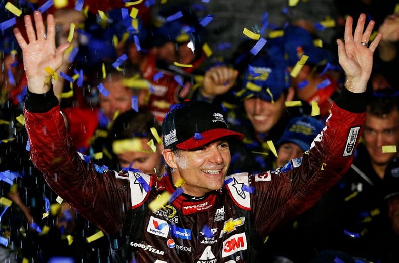 MARTINSVILLE, VA - NOVEMBER 01: Jeff Gordon, driver of the #24 AARP Member Advantages Chevrolet, celebrates in Victory Lane after winning the NASCAR Sprint Cup Series Goody's Headache Relief Shot 500 at Martinsville Speedway on November 1, 2015 in Martinsville, Virginia. (Photo by Todd Warshaw/NASCAR via Getty Images)