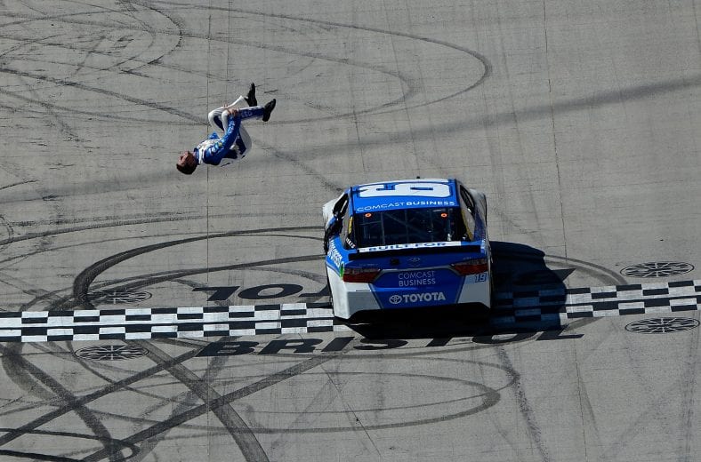 BRISTOL, TN - APRIL 17: Carl Edwards, driver of the #19 Comcast Business Toyota, celebrates winning the NASCAR Sprint Cup Series Food City 500 at Bristol Motor Speedway on April 17, 2016 in Bristol, Tennessee. (Photo by Robert Laberge/Getty Images) | Getty Images