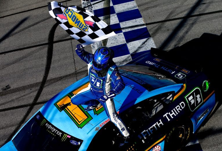 TALLADEGA, AL - MAY 07:  Ricky Stenhouse Jr., driver of the #17 Fifth Third Bank Ford, celebrates wnning the Monster Energy NASCAR Cup Series GEICO 500 at Talladega Superspeedway on May 7, 2017 in Talladega, Alabama.  (Photo by Sean Gardner/Getty Images) | Getty Images