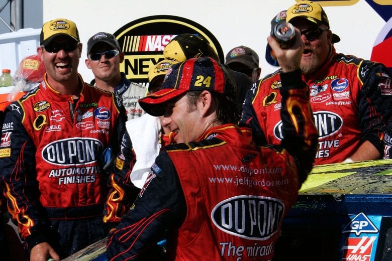 TALLADEGA, AL - APRIL 29: Jeff Gordon, driver of the #24 DuPont Chevrolet, celebrates as he climbs from his car in victory lane, following the NASCAR Nextel Cup Series Aaron's 499 at Talladega Superspeedway on April 29, 2007 in Talladega, Alabama. (Photo by Jason Smith/Getty Images for NASCAR) | Getty Images