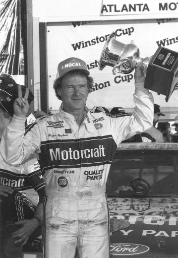 HAMPTON, GA - NOVEMBER 18, 1990: Morgan Shepherd drove Bud Moore's Ford to a win in the Atlanta Journal 500. The cagey veteran came from a 20th place qualifying spot to take the victory. (Photo by ISC Archives via Getty Images)