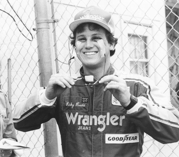 DAYTONA BEACH, FL - FEBRUARY 19, 1984: After a terrifying spill during the 1984 Busch Clash at Daytona, forcing Ricky Rudd to compete in the 500 with his swollen eyes literally taped open, Rudd went on to not only compete in the Miller High Life 400 at Richmond two weeks later, he won the race by a margin of 3.2 seconds over Darrell Waltrip. (Photo by ISC Archives via Getty Images)