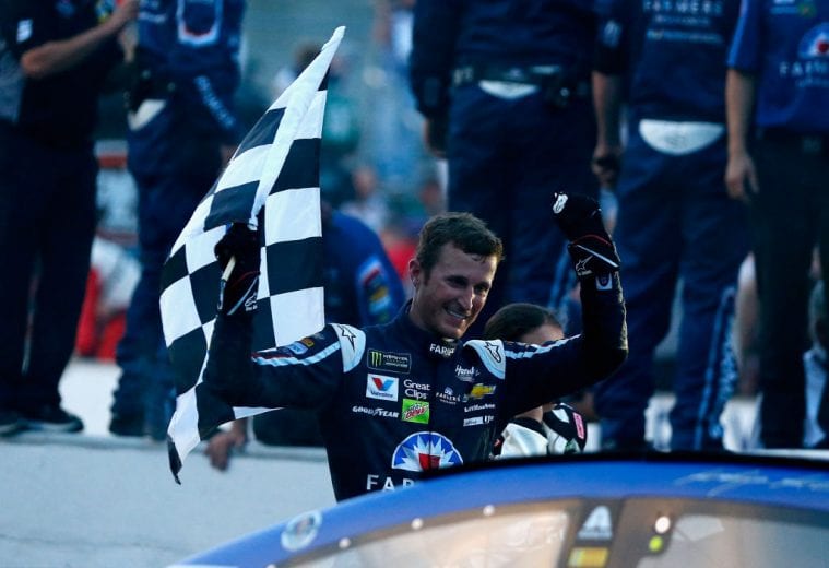 INDIANAPOLIS, IN - JULY 23: Kasey Kahne, driver of the #5 Farmers Insurance Chevrolet, celebrates winning the Monster Energy NASCAR Cup Series Brickyard 400 at Indianapolis Motorspeedway on July 23, 2017 in Indianapolis, Indiana. (Photo by Sean Gardner/Getty Images) | Getty Images