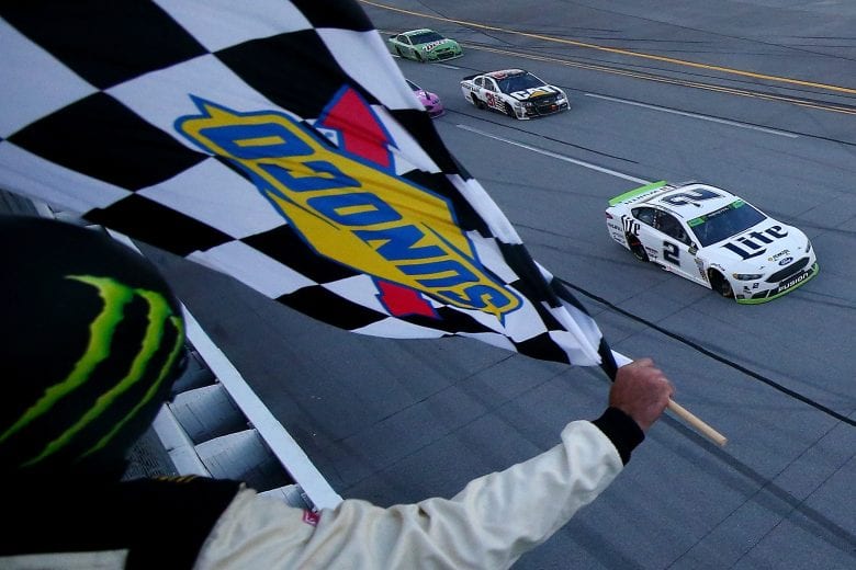 TALLADEGA, AL - OCTOBER 15:  Brad Keselowski, driver of the #2 Miller Lite Ford, crosses the finish line to win the Monster Energy NASCAR Cup Series Alabama 500 at Talladega Superspeedway on October 15, 2017 in Talladega, Alabama.  (Photo by Sarah Crabill/Getty Images) | Getty Images