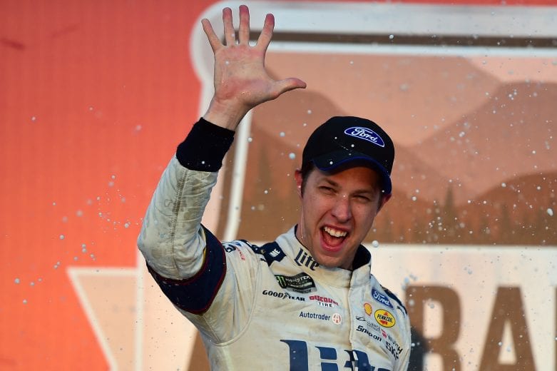 TALLADEGA, AL - OCTOBER 15:  Brad Keselowski, driver of the #2 Miller Lite Ford, celebrates in victory lane after winning the Monster Energy NASCAR Cup Series Alabama 500 at Talladega Superspeedway on October 15, 2017 in Talladega, Alabama.  (Photo by Jared C. Tilton/Getty Images) | Getty Images