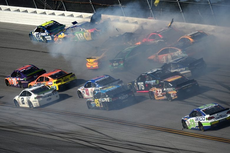 TALLADEGA, AL - OCTOBER 15:  Kyle Busch, driver of the #18 M&M's Caramel Toyota, and Jimmie Johnson, driver of the #48 Lowe's Chevrolet, are involved in an on-track incident during the Monster Energy NASCAR Cup Series Alabama 500 at Talladega Superspeedway on October 15, 2017 in Talladega, Alabama.  (Photo by Josh Hedges/Getty Images) | Getty Images