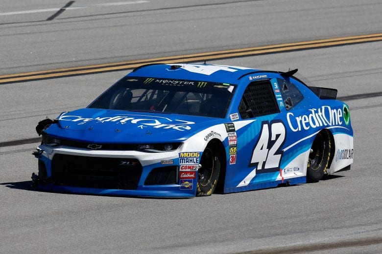 TALLADEGA, AL - APRIL 29: Kyle Larson, driver of the #42 Credit One Bank Chevrolet, drives on the apron after an incident during the Monster Energy NASCAR Cup Series GEICO 500 at Talladega Superspeedway on April 29, 2018 in Talladega, Alabama.  (Photo by Jonathan Ferrey/Getty Images) | Getty Images