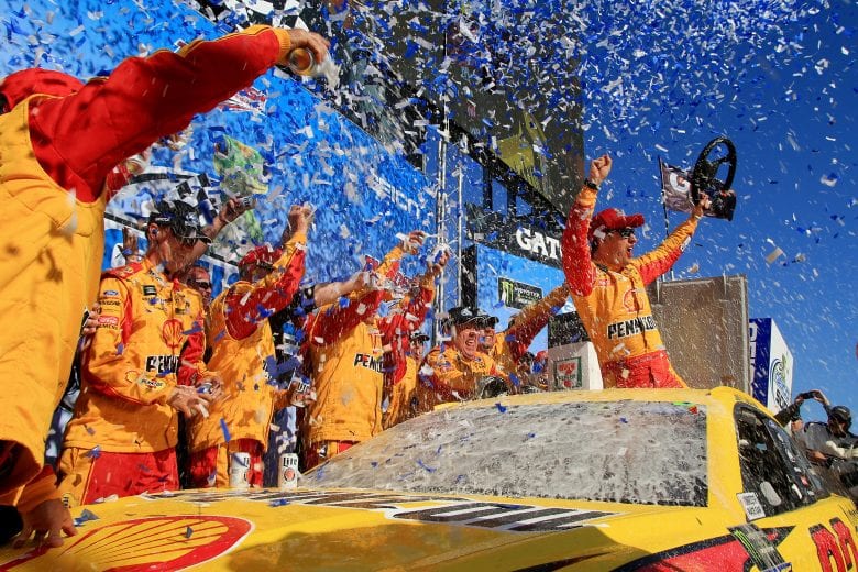 TALLADEGA, AL - APRIL 29: Joey Logano, driver of the #22 Shell Pennzoil/Autotrader Ford, celebrates in Victory Lane after winning the Monster Energy NASCAR Cup Series GEICO 500 at Talladega Superspeedway on April 29, 2018 in Talladega, Alabama. (Photo by Daniel Shirey/Getty Images) | Getty Images