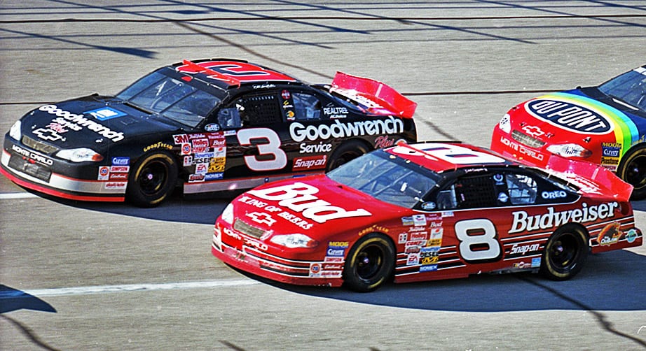 Dale Earnhardt, Dale Earnhardt Jr. and Jeff Gordon race at Talladega in 2000.