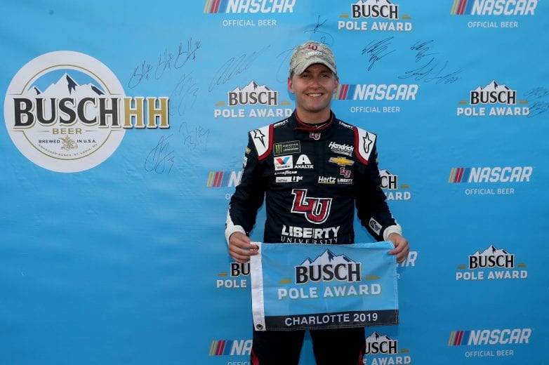CHARLOTTE, NORTH CAROLINA - MAY 23: William Byron, driver of the #24 Liberty Patriotic Chevrolet, poses with the Pole Award after qualifying for the Monster Energy NASCAR Cup Series Race Coca-Cola 600 at Charlotte Motor Speedway on May 23, 2019 in Charlotte, North Carolina. (Photo by Brian Lawdermilk/Getty Images) | Getty Images