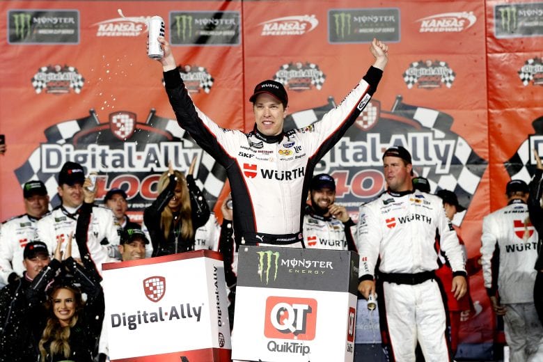 KANSAS CITY, KS - MAY 11: Brad Keselowski, driver of the #2 Wurth Ford, celebrates in victory lane after winnnig the Monster Energy NASCAR Cup Series Digital Ally 400 at Kansas Speedway on May 11, 2019 in Kansas City, Kansas. (Photo by Brian Lawdermilk/Getty Images) | Getty Images