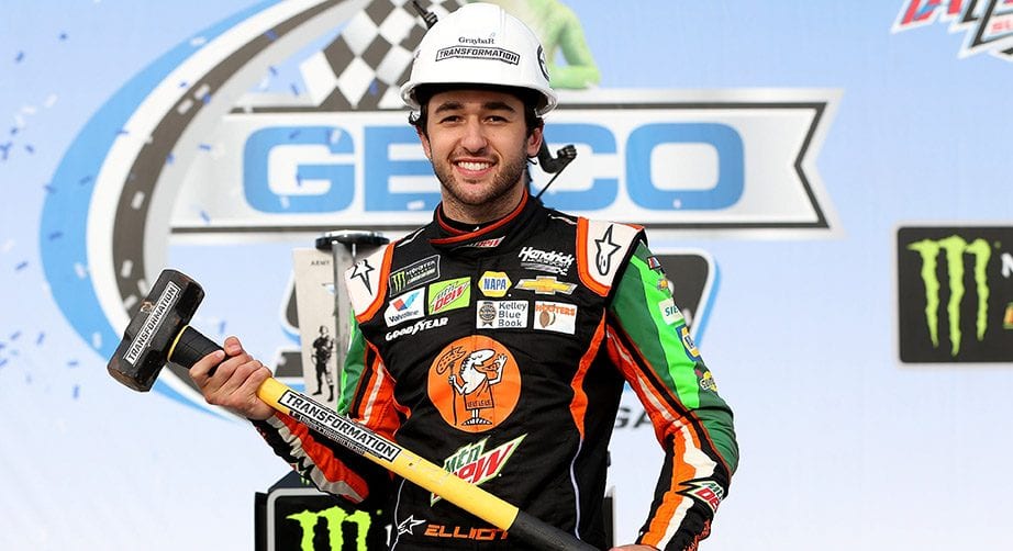 TALLADEGA, AL - APRIL 28:  Chase Elliott, driver of the #9 Mountain Dew/Little Caesar's Chevrolet, celebrates in victory lane after winnin the Monster Energy NASCAR Cup Series GEICO 500 at Talladega Superspeedway on April 28, 2019 in Talladega, Alabama.  (Photo by Brian Lawdermilk/Getty Images) | Getty Images