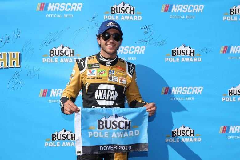 DOVER, DE - MAY 03: Chase Elliott, driver of the #9 NAPA Brakes Chevrolet, poses with the Busch Pole Award after qualifying for the Monster Energy NASCAR Cup Series Gander RV 400 at Dover International Speedway on May 3, 2019 in Dover, Delaware. (Photo by Matt Sullivan/Getty Images) | Getty Images