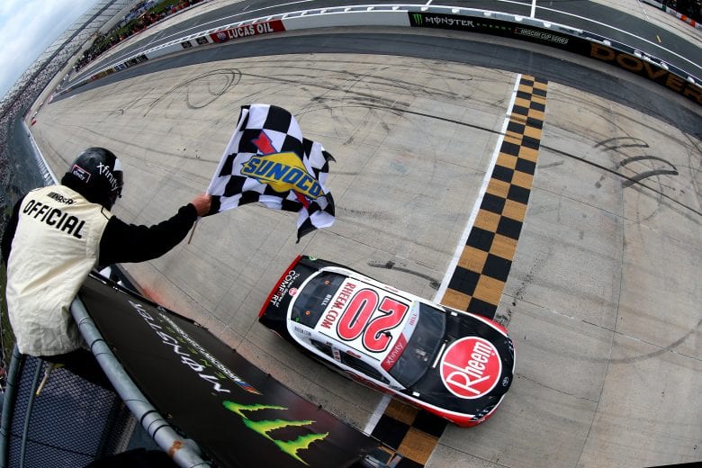 DOVER, DE - MAY 04: Christopher Bell, driver of the #20 Rheem Toyota, takes the checkered flag to win the NASCAR Xfinity Series Allied Steel Buildings 200 at Dover International Speedway on May 4, 2019 in Dover, Delaware. (Photo by Sean Gardner/Getty Images) | Getty Images