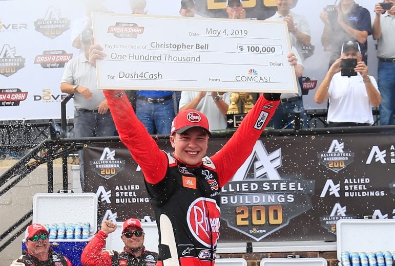 DOVER, DE - MAY 04: Christopher Bell, driver of the #20 Rheem Toyota, celebrates in Victory Lane after winning the Dash 4 Cash and the NASCAR Xfinity Series Allied Steel Buildings 200 at Dover International Speedway on May 4, 2019 in Dover, Delaware. (Photo by Chris Trotman/Getty Images) | Getty Images