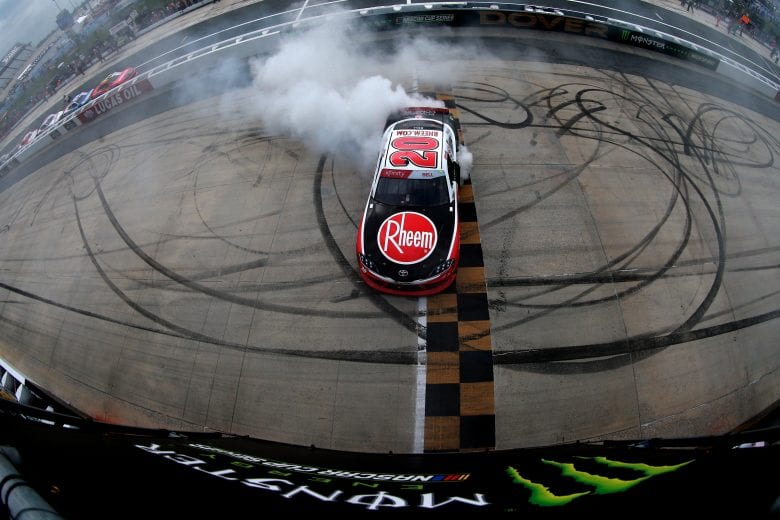 DOVER, DE - MAY 04: Christopher Bell, driver of the #20 Rheem Toyota, does a burn out after winning the NASCAR Xfinity Series Allied Steel Buildings 200 at Dover International Speedway on May 4, 2019 in Dover, Delaware. (Photo by Sean Gardner/Getty Images) | Getty Images