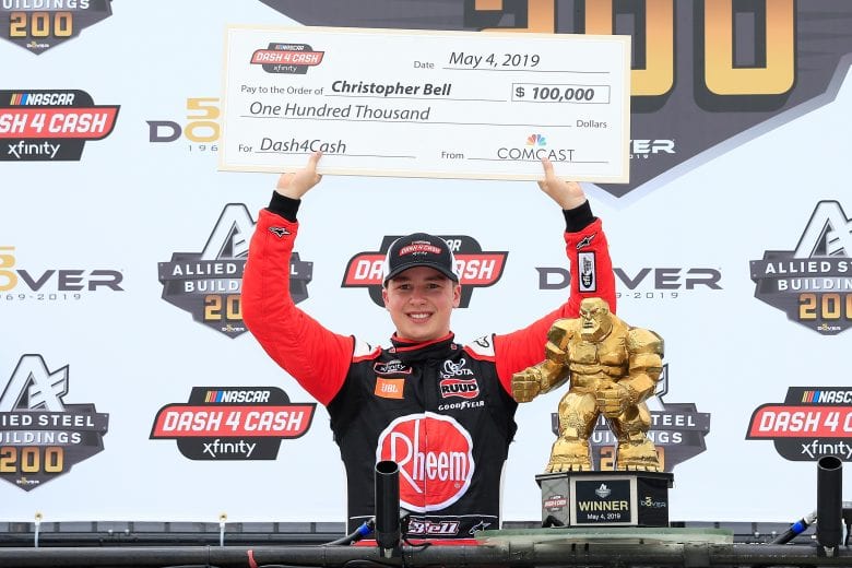 DOVER, DE - MAY 04: Christopher Bell, driver of the #20 Rheem Toyota, celebrates in Victory Lane after winning the Dash 4 Cash and the NASCAR Xfinity Series Allied Steel Buildings 200 at Dover International Speedway on May 4, 2019 in Dover, Delaware. (Photo by Chris Trotman/Getty Images) | Getty Images