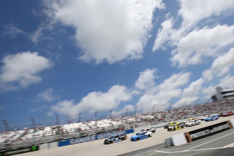 DOVER, DE - MAY 06: Martin Truex Jr., driver of the #19 SiriusXM Toyota, and Alex Bowman, driver of the #88 Nationwide Small Business Chevrolet, lead the field to a restart during the Monster Energy NASCAR Cup Series Gander RV 400 at Dover International Speedway on May 6, 2019 in Dover, Delaware. (Photo by Matt Sullivan/Getty Images) | Getty Images
