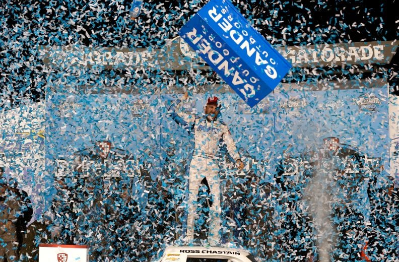 KANSAS CITY, KS - MAY 10:  Ross Chastain, driver of the #45 TruNorth/Paul Jr. Designs Chevrolet, celebrates in victory lane after winning the NASCAR Gander Outdoors Truck Series Digital Ally 250 at Kansas Speedway on May 10, 2019 in Kansas City, Kansas.  (Photo by Brian Lawdermilk/Getty Images) | Getty Images
