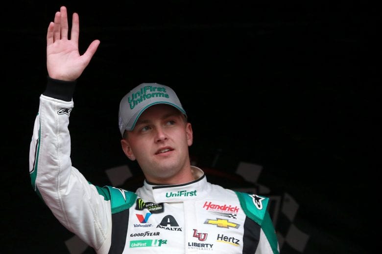 KANSAS CITY, KS - MAY 11:  William Byron, driver of the #24 UniFirst Chevrolet, waves to fans during the pre-race ceremonies of the Monster Energy NASCAR Cup Series Digital Ally 400 at Kansas Speedway on May 11, 2019 in Kansas City, Kansas.  (Photo by Sean Gardner/Getty Images) | Getty Images