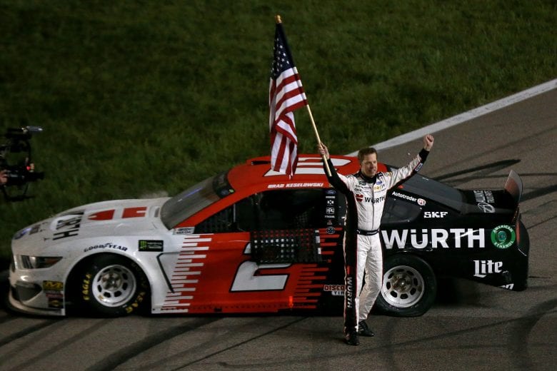 KANSAS CITY, KS - MAY 11:  Brad Keselowski, driver of the #2 Wurth Ford, celebrates after winning the Monster Energy NASCAR Cup Series Digital Ally 400 at Kansas Speedway on May 11, 2019 in Kansas City, Kansas.  (Photo by Sean Gardner/Getty Images) | Getty Images