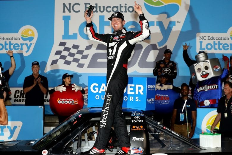 CHARLOTTE, NC - MAY 17:  Kyle Busch, driver of the #51 Cessna Toyota, celebrates in victory lane after winning the NASCAR Gander Outdoors Truck Series North Carolina Education Lottery 200 at Charlotte Motor Speedway on May 17, 2019 in Charlotte, North Carolina.  (Photo by Streeter Lecka/Getty Images) | Getty Images