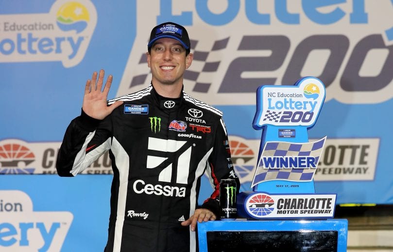 CHARLOTTE, NC - MAY 17:  Kyle Busch, driver of the #51 Cessna Toyota, poses with the trophy after winning the NASCAR Gander Outdoors Truck Series North Carolina Education Lottery 200 at Charlotte Motor Speedway on May 17, 2019 in Charlotte, North Carolina.  (Photo by Streeter Lecka/Getty Images) | Getty Images