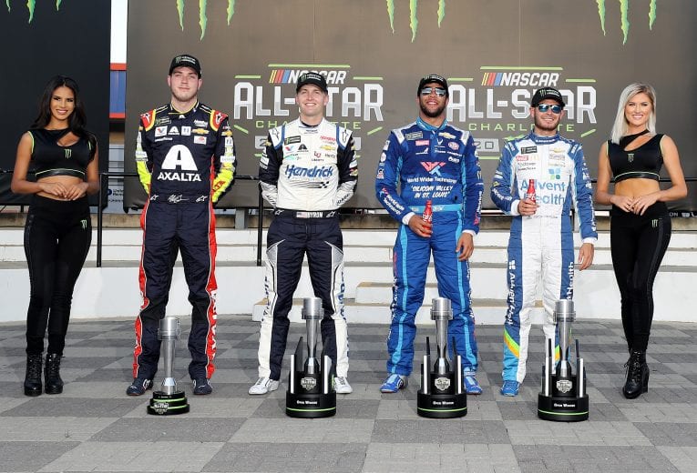 CHARLOTTE, NORTH CAROLINA - MAY 18: Alex Bowman, driver of the #88 Axalta Chevrolet, William Byron, driver of the #24 Hendrick Autoguard Chevrolet, Bubba Wallace, driver of the #43 World Wide Technology Chevrolet, and Kyle Larson, driver of the #42 Advent Health Chevrolet, pose for a picture after advancing in the Monster Energy NASCAR Cup Series Open Race at Charlotte Motor Speedway on May 18, 2019 in Charlotte, North Carolina. (Photo by Streeter Lecka/Getty Images) | Getty Images