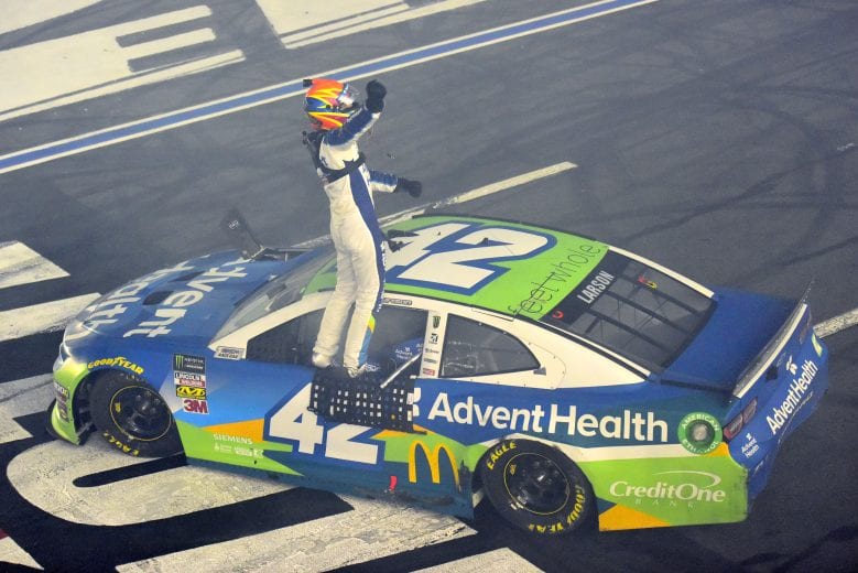 CHARLOTTE, NORTH CAROLINA - MAY 18: Kyle Larson, driver of the #42 Advent Health Chevrolet, celebrates winning the Monster Energy NASCAR Cup Series All-Star Race at Charlotte Motor Speedway on May 18, 2019 in Charlotte, North Carolina. (Photo by Jared C. Tilton/Getty Images) | Getty Images