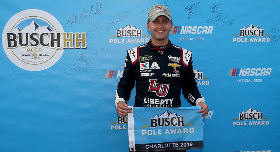 William Byron celebrates winning the Busch Pole Award for the 2019 Coca-Cola 600 at Charlotte.