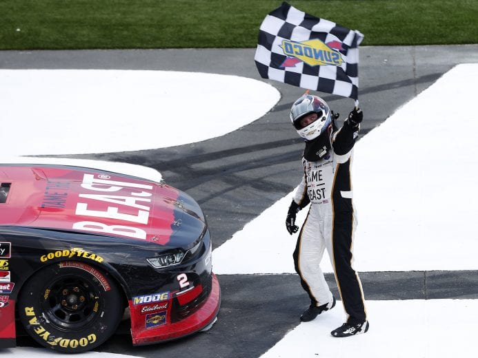 CHARLOTTE, NORTH CAROLINA - MAY 25: Tyler Reddick, driver of the #2 TAME the BEAST Chevrolet, celebrates after winning the NASCAR Xfinity Series Alsco 300 at Charlotte Motor Speedway on May 25, 2019 in Charlotte, North Carolina. (Photo by Brian Lawdermilk/Getty Images) | Getty Images